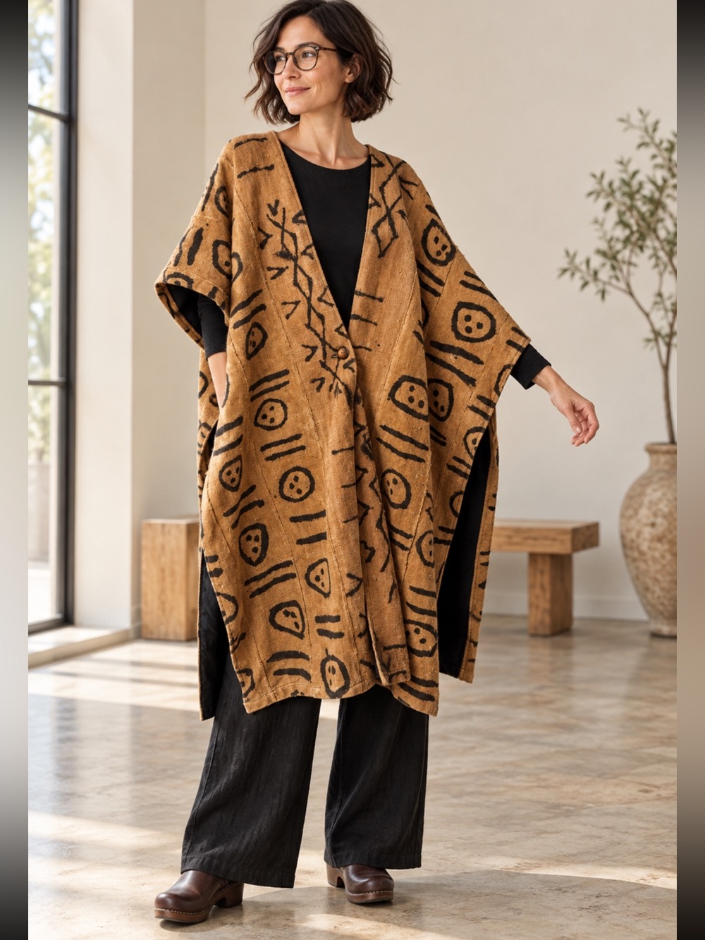 Oversized Lagenlook Poncho Coat Seaweed Kenya Abstract Woven
